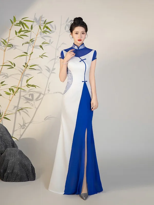 Chinese style White With Cloak Split Front Evening Party Cheongsam 2025 Trumpet / Mermaid High Neck Short Sleeve Floor-Length / Long Cheongsam / Qipao
