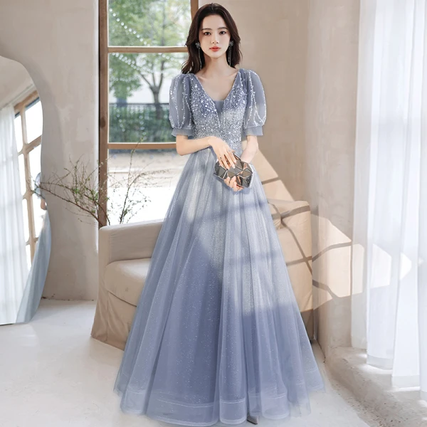 Elegant Sky Blue Beading Sequins Prom Dresses 2022 A-Line / Princess V-Neck Short Sleeve Backless Floor-Length / Long Prom Formal Dresses