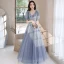 Elegant Sky Blue Beading Sequins Prom Dresses 2022 A-Line / Princess V-Neck Short Sleeve Backless Floor-Length / Long Prom Formal Dresses