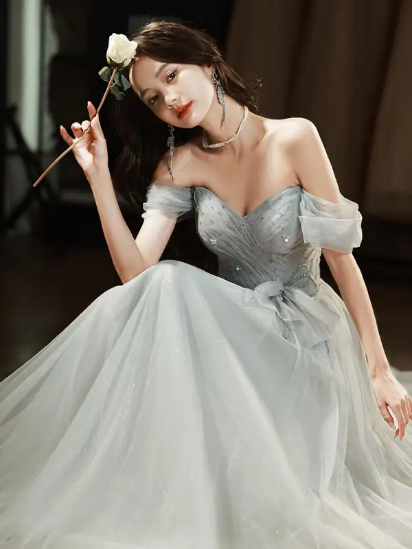 Charming Sky Blue Beading Evening Dresses 2022 A-Line / Princess Off-The-Shoulder Sleeveless Backless Floor-Length / Long Evening Party Formal Dresses