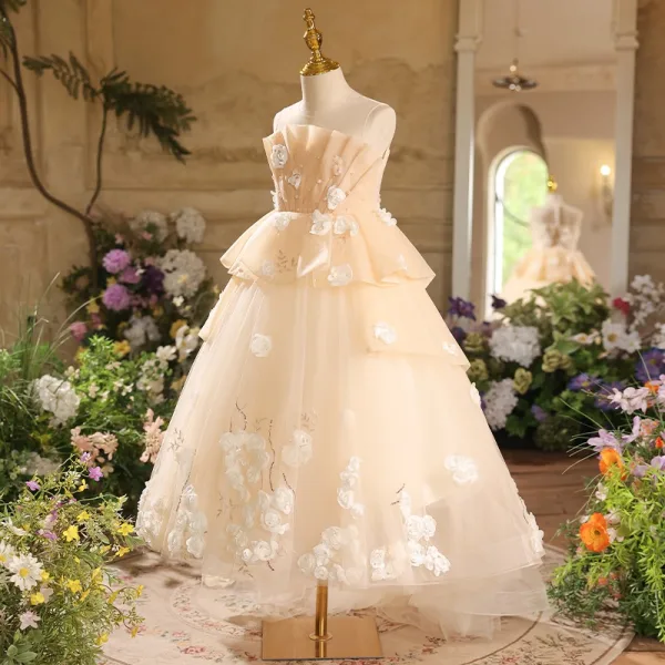 Chic / Beautiful Champagne Appliques Birthday Flower Girl Dresses 2025 Ball Gown Scoop Neck Sleeveless Backless Tea-length Tulle