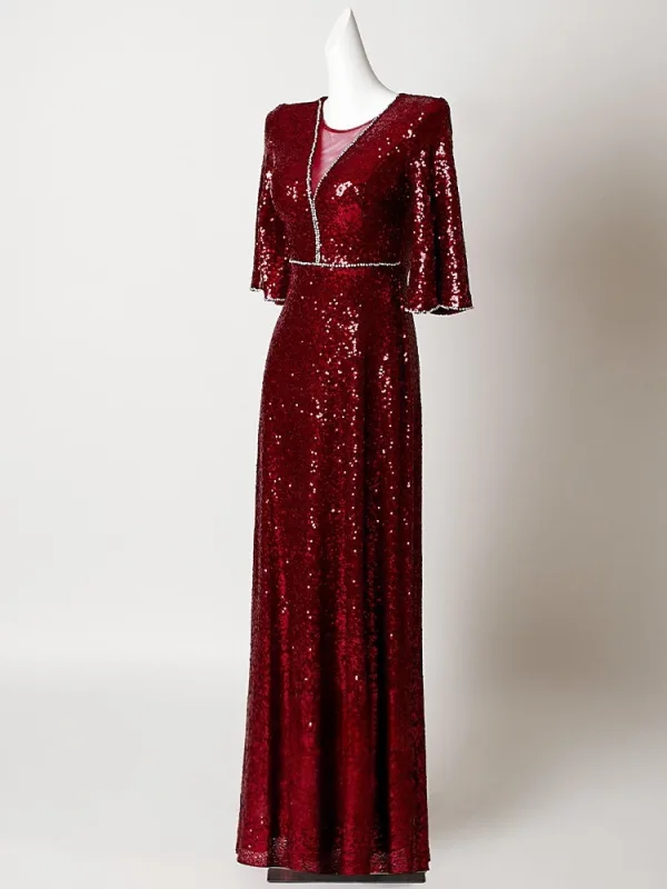 Sparkly Burgundy Rhinestone Sequins Evening Dresses 2026 Trumpet / Mermaid Scoop Neck Short Sleeve Floor-Length / Long Formal Dresses