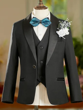 Fall Winter Black 6 Piece Boys Wedding Suits 2025 Long Sleeve Body Jewellery Coat Pants Shirt Tie Vest