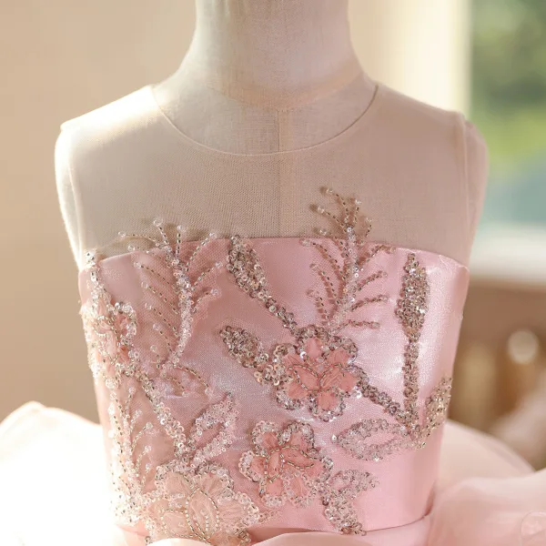 Lovely Blushing Pink Beading Appliques Sequins Short Birthday Flower Girl Dresses 2025 Ball Gown Scoop Neck Sleeveless Backless Tulle