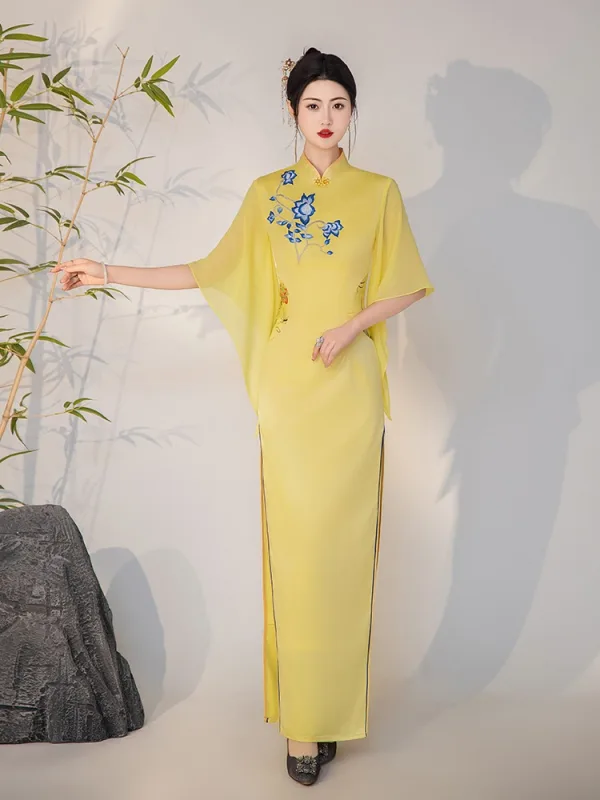 Chinese style Yellow Lace Flower Split Front Cheongsam 2025 Trumpet / Mermaid High Neck Short Sleeve Floor-Length / Long Evening Party Cheongsam / Qipao