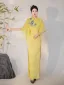 Chinese style Yellow Lace Flower Split Front Cheongsam 2025 Trumpet / Mermaid High Neck Short Sleeve Floor-Length / Long Evening Party Cheongsam / Qipao
