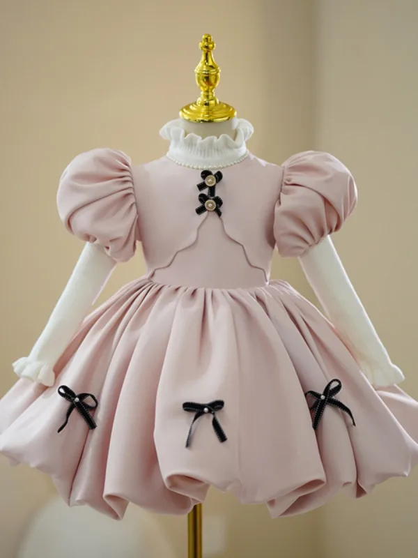 Lovely Blushing Pink Pearl Bow Short Birthday Flower Girl Dresses 2023 Ball Gown Scoop Neck Puffy Short Sleeve Satin