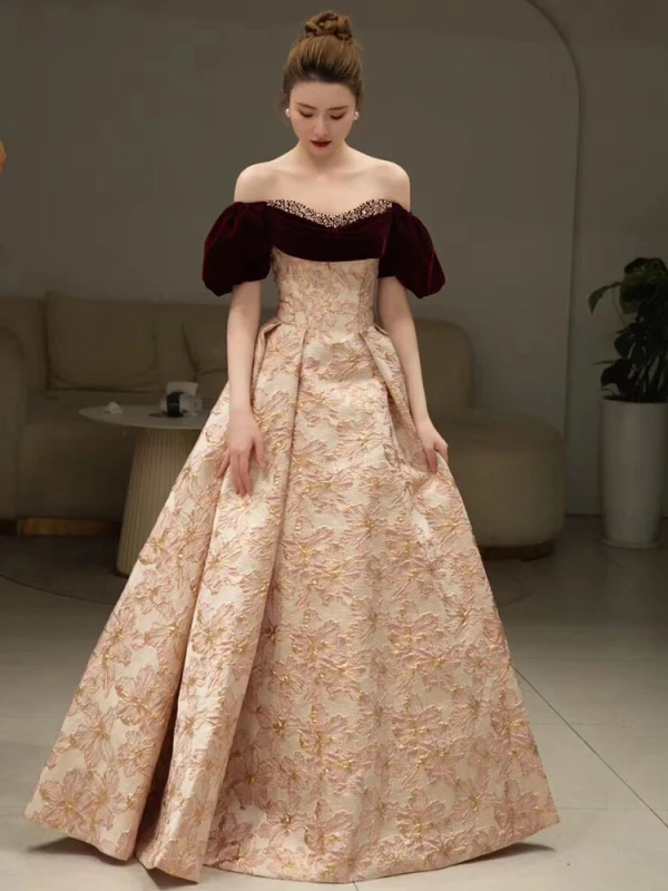 Elegant Burgundy Printing Pearl Prom Dresses 2023 A-Line / Princess Off-The-Shoulder Short Sleeve Backless Floor-Length / Long Prom Formal Dresses