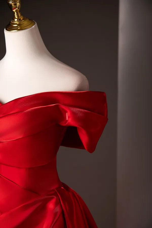 Modest / Simple Red Satin Prom Dresses 2025 Trumpet / Mermaid Off-The-Shoulder Short Sleeve Backless Sweep Train Formal Dresses