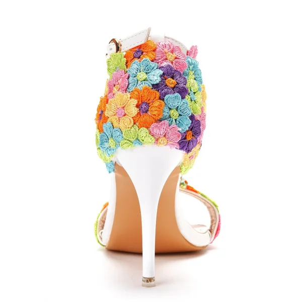 Chic / Beautiful Flower Fairy Multi-Colors Wedding Shoes 2022 Lace Flower Pearl T-Strap 9 cm Stiletto Heels Open / Peep Toe Wedding Sandals High Heels
