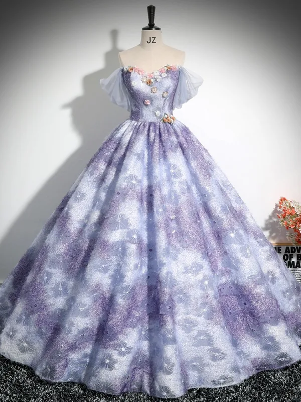 Elegant Lavender Rhinestone Lace Flower Appliques Prom Dresses 2024 Ball Gown Off-The-Shoulder Short Sleeve Backless Floor-Length / Long Prom Formal Dresses