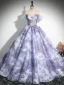Elegant Lavender Rhinestone Lace Flower Appliques Prom Dresses 2024 Ball Gown Off-The-Shoulder Short Sleeve Backless Floor-Length / Long Prom Formal Dresses