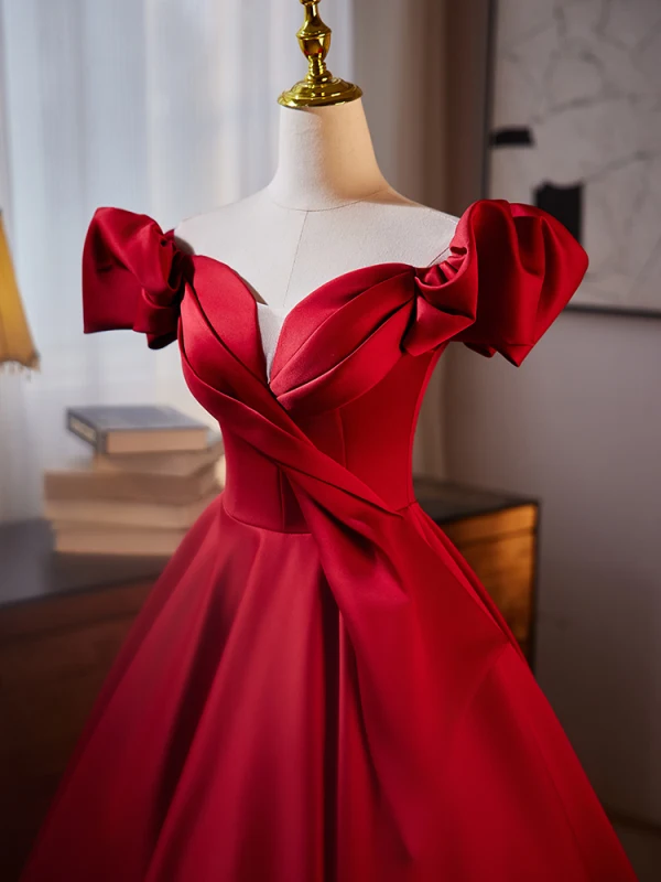 Elegant Burgundy Prom Dresses 2024 Ball Gown Off-The-Shoulder Puffy Short Sleeve Backless Floor-Length / Long Prom Formal Dresses