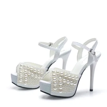 Sexig Vita Pärla Brudskor 2022 Ankelband 12 Cm Stilettklackar Peep Toe Sandaler Högklackade