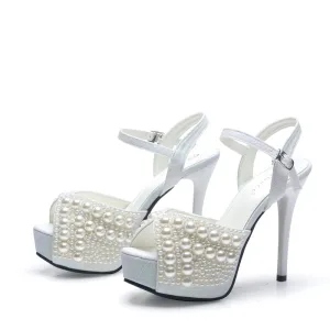 Sexy Hvit Perle Brudesko 2022 Ankelstropp 12 Cm Stiletthæler Peep Toe Sandaler Høyhælte