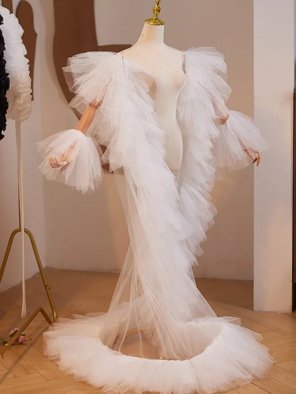 Charmant Blanche Soirée Promo Plissée châle Vestes & Enveloppements 2024 Tulle