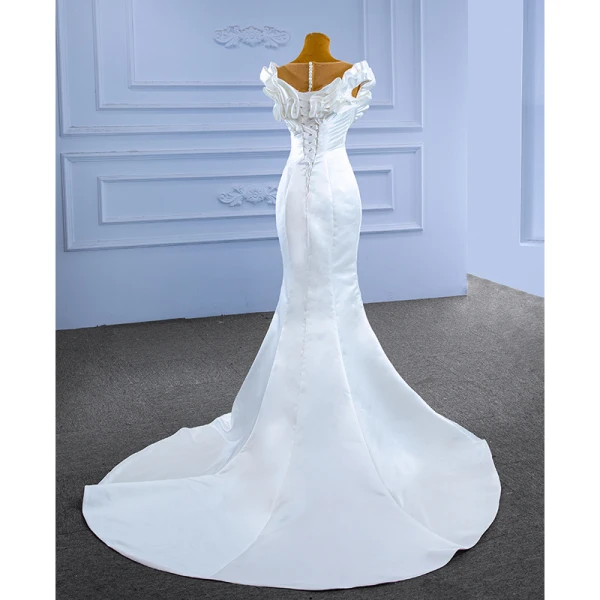 High-end White Beading Pearl Satin Wedding Dresses 2022 Trumpet / Mermaid Ruffle Scoop Neck Sleeveless Floor-Length / Long Wedding