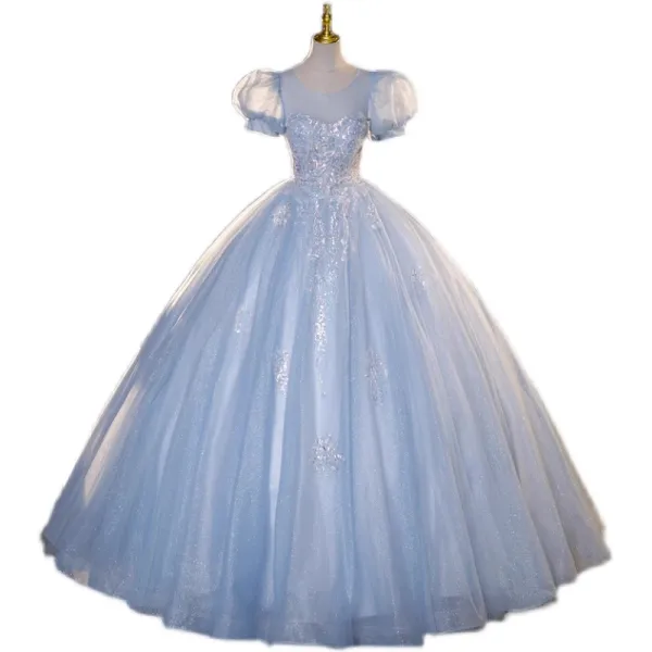Chic / Beautiful Sky Blue Beading Sequins Prom Dresses 2023 Ball Gown Scoop Neck Puffy Short Sleeve Backless Floor-Length / Long Prom Formal Dresses