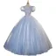 Chic / Beautiful Sky Blue Beading Sequins Prom Dresses 2023 Ball Gown Scoop Neck Puffy Short Sleeve Backless Floor-Length / Long Prom Formal Dresses