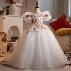 Fancy White Sequins Lace Flower Birthday Flower Girl Dresses 2025 Ball Gown Off The Shoulder Short Sleeve Backless Floor Length Long Tulle