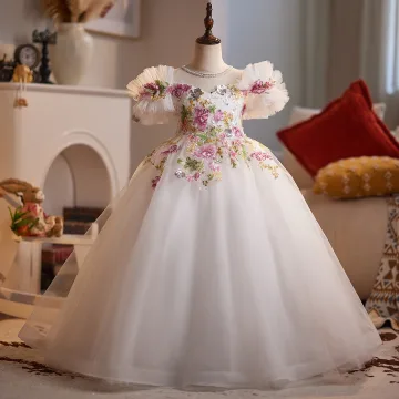 Fancy White Sequins Lace Flower Birthday Flower Girl Dresses 2025 Ball Gown Off The Shoulder Short Sleeve Backless Floor Length Long Tulle