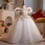 Fancy White Sequins Lace Flower Birthday Flower Girl Dresses 2025 Ball Gown Off-The-Shoulder Short Sleeve Backless Floor-Length / Long Tulle
