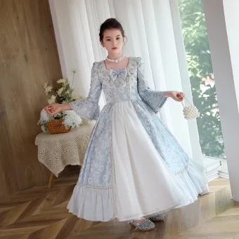 Medieval Vintage Retro Sky Blue Printing Birthday Flower Girl Dresses 2023 A Line Princess Scoop Neck Bow Pearl 3 4 Sleeve Floor Length Long Flower Girl Dresses