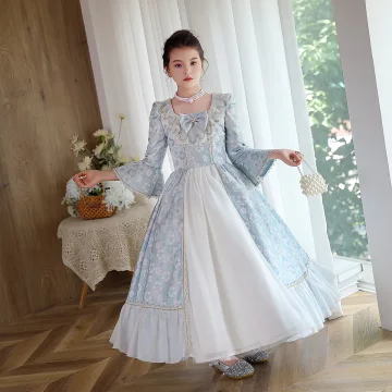 Medieval Vintage Retro Sky Blue Printing Birthday Flower Girl Dresses 2023 A Line Princess Scoop Neck Bow Pearl 3 4 Sleeve Floor Length Long Flower Girl Dresses