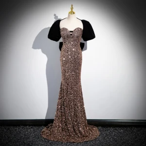 Sparkly Black Beading Sequins Evening Dresses 2024 Trumpet Mermaid Strapless Short Sleeve Backless Bow Sweep Train Evening Party Formal Dresses