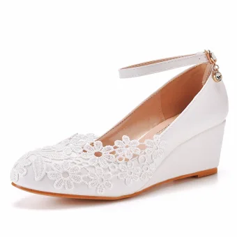 Elegant White Lace Flower Wedding Shoes 2022 5 Cm Wedges Round Toe Wedding High Heels