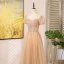 Chic / Beautiful Champagne Beading Sequins Prom Dresses 2024 A-Line / Princess Scoop Neck Short Sleeve Backless Floor-Length / Long Prom Formal Dresses