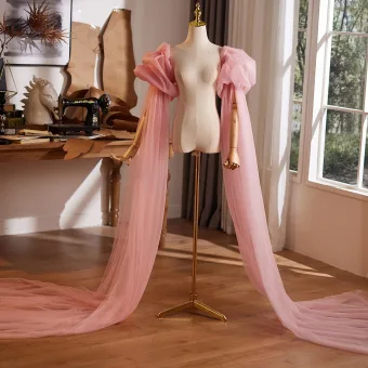 Chic Beautiful Blushing Pink Puffy Short Sleeve Prom Shawl 2026 Tulle