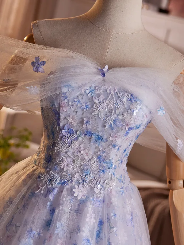 Chic / Beautiful Sky Blue Beading Appliques Prom Dresses 2025 A-Line / Princess Off-The-Shoulder Short Sleeve Backless Floor-Length / Long Formal Dresses