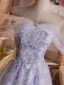 Chic / Beautiful Sky Blue Beading Appliques Prom Dresses 2025 A-Line / Princess Off-The-Shoulder Short Sleeve Backless Floor-Length / Long Formal Dresses