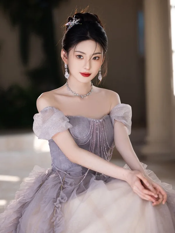 Elegant Grey Beading Prom Dresses 2025 A-Line / Princess Square Neckline Puffy Short Sleeve Backless Floor-Length / Long Prom Formal Dresses