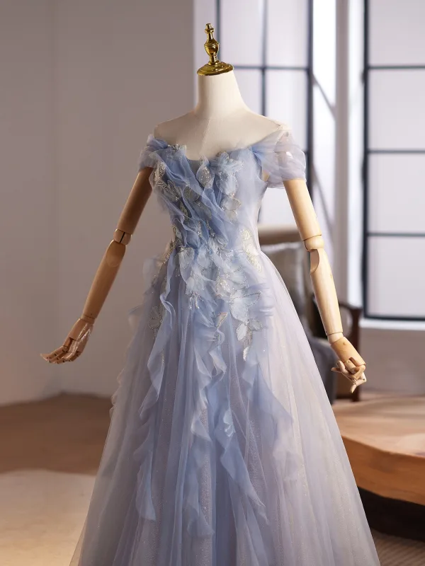 Charming Sky Blue Beading Pearl Sequins Prom Dresses 2025 A-Line / Princess Off-The-Shoulder Sleeveless Backless Floor-Length / Long Formal Dresses