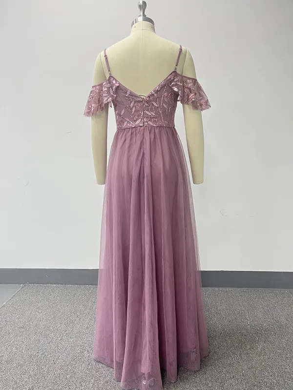 Chic / Belle Rougissant Rose Brodé Paillettes Robe De Bal 2024 Princesse Bretelles Spaghetti Sans Manches Dos Nu Longue Promo Robe De Ceremonie