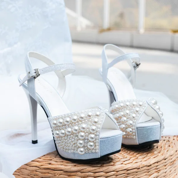 Sexy White Pearl Wedding Shoes 2022 Ankle Strap 12 cm Stiletto Heels Open / Peep Toe Sandals High Heels
