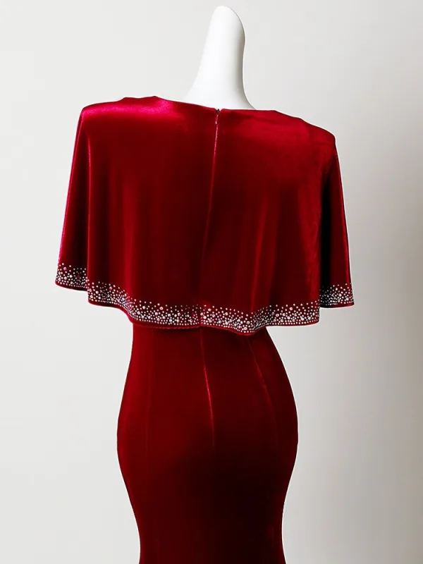 Chic / Beautiful Burgundy Velvet Sequins Prom Dresses 2026 Zipper Up Sweep Train V-Neck Formal Dresses Prom Short Sleeve Trumpet / Mermaid