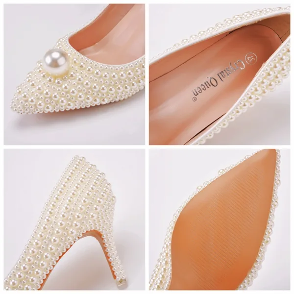 Elegant Beige Pearl Wedding Shoes 2023 7 cm Stiletto Heels Pointed Toe Wedding Pumps High Heels