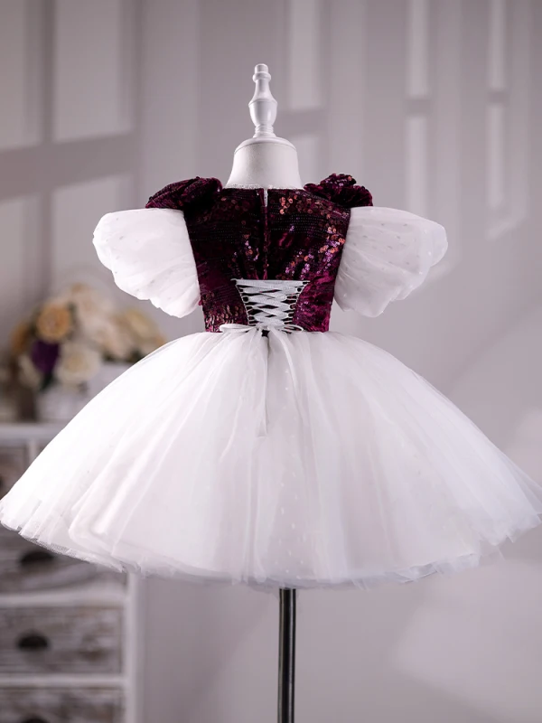 Chic / Belle Bordeaux Paillettes Anniversaire Robe Ceremonie Fille 2024 Robe Boule Encolure Dégagée Gonflée Manches Courtes Longue Robe Ceremonie Fille