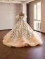 Luxury / Gorgeous Champagne Beading Lace Flower Sequins Ruffle Prom Dresses 2026 Ball Gown V-Neck Short Sleeve Backless Sweep Train Formal Dresses