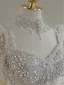 Vintage / Retro Ivory Beading Pearl Rhinestone Wedding Dresses 2024 Ball Gown Square Neckline Short Sleeve Backless Bow Royal Train Wedding