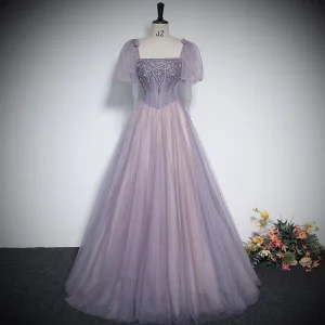 Chic Beautiful Lavender Beading Sequins Prom Dresses 2023 A Line Princess Square Neckline Short Sleeve Backless Floor Length Long Prom Formal Dresses
