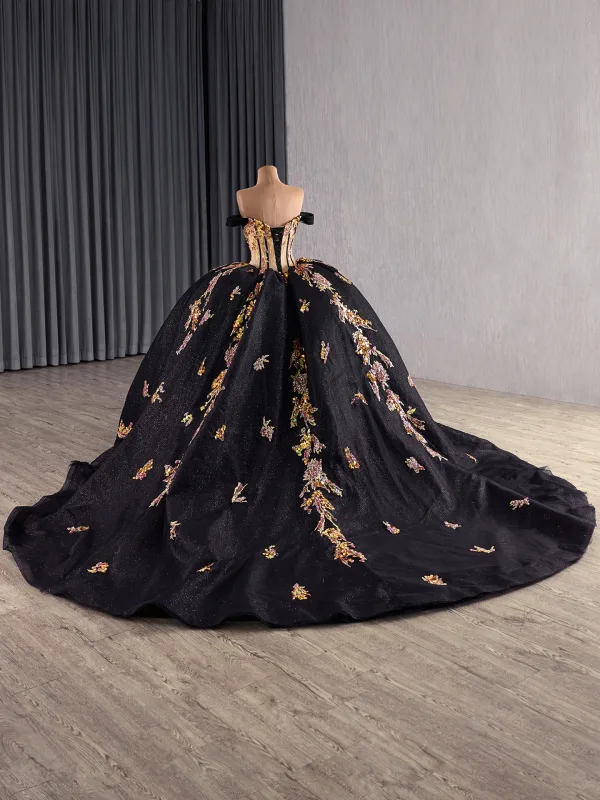 Haut de Gamme Noire Fait main Perlage Paillettes Quinceañera Robe De Bal 2025 Robe Boule De l'épaule 1/2 Manches Dos Nu Tribunal Train Robe De Ceremonie