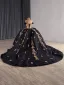 Haut de Gamme Noire Fait main Perlage Paillettes Quinceañera Robe De Bal 2025 Robe Boule De l'épaule 1/2 Manches Dos Nu Tribunal Train Robe De Ceremonie