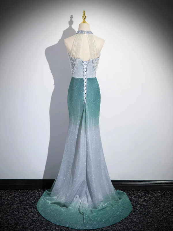 Charmant Vert Citron Perlage Glitter Paillettes Robe De Bal 2024 Trompette / Sirène Titulaire Sans Manches Dos Nu Train De Balayage Promo Robe De Ceremonie
