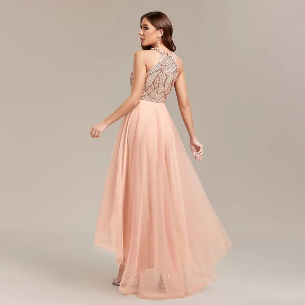 Bling Bling Gold Sequins Asymmetrical Prom Dresses 2024 A-Line / Princess Scoop Neck Sleeveless Prom Formal Dresses