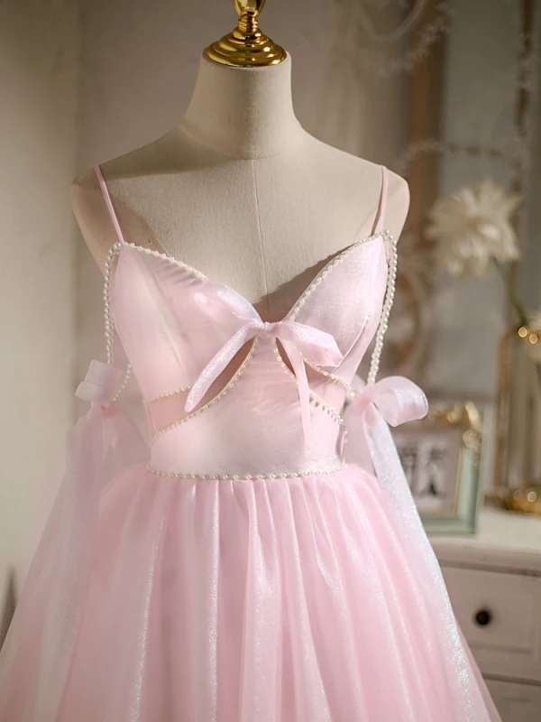 Sexy Pink Perle Geburtstag Partykleider 2022 A Linie Spaghettiträger Ärmellos Rückenfreies Schleife Kurze Cocktail Festliche Kleider