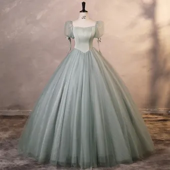 Elegant Sage Green Prom Dresses 2023 Ball Gown Square Neckline Puffy Short Sleeve Backless Floor Length Long Prom Formal Dresses